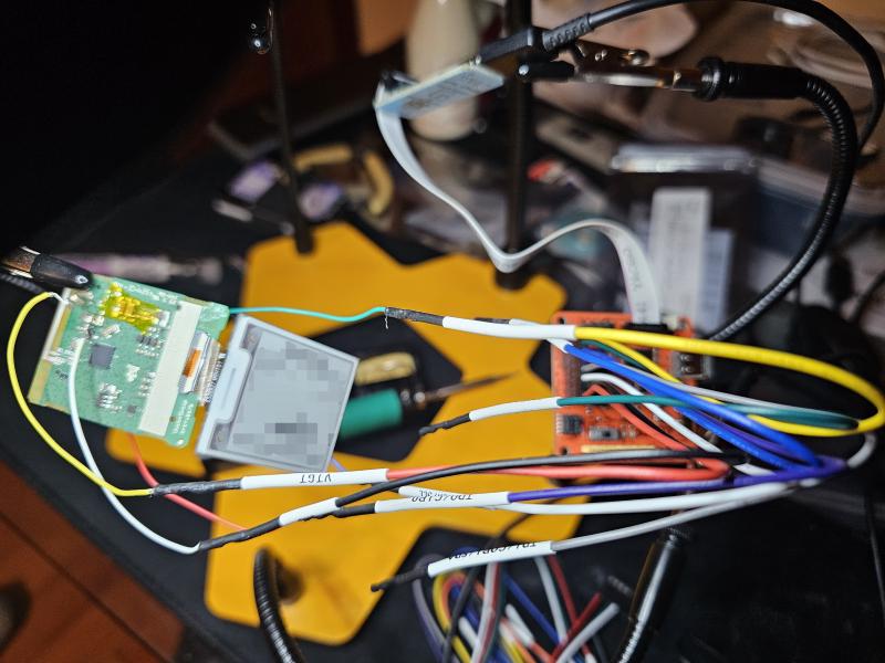 Picture of the board wired up to the Tigard, with the BitMagic connected to the Tigard as well.